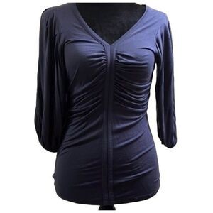 Kenar Gathered Fabric V Neck Top Size S Dark Blue